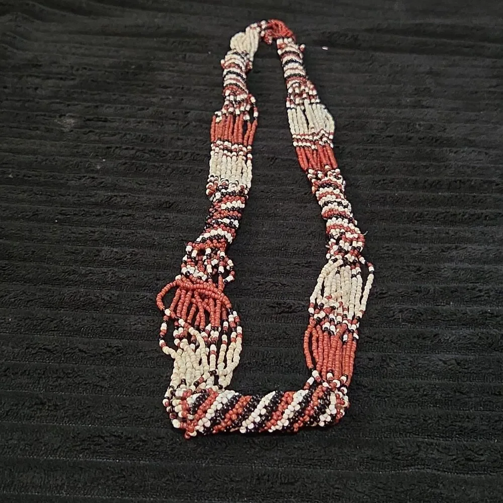 Multi-Strand Seed Bead Twisted Necklace Red Black Boho EUC